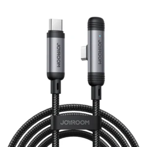Joyroom S-A56 nylon braided fast charging cable featuring a 90-degree right-angle elbow connector for gaming