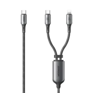 Joyroom S-A57 RapidX Series nylon braided 2-in-1 cable showing Type-C input split to dual outputs with cable slider