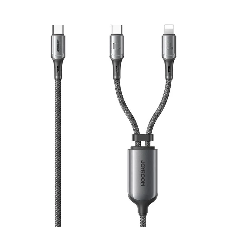 Joyroom S-A57 RapidX Series nylon braided 2-in-1 cable showing Type-C input split to dual outputs with cable slider