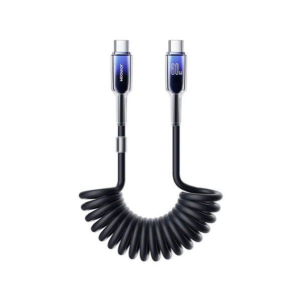Joyroom S-A43 coiled black USB-C to USB-C fast charging cable 60W Power Delivery transparent housing connectors