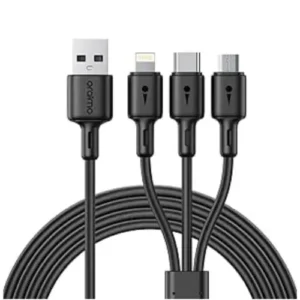 Oraimo DuraLine 4 OCD-118MCL heavy-duty black cable with USB-A input splitting into Type-C, Lightning, and Micro-USB connectors