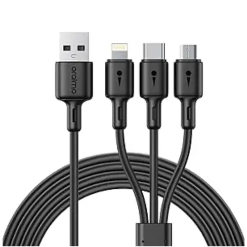 Oraimo DuraLine 4 OCD-118MCL heavy-duty black cable with USB-A input splitting into Type-C, Lightning, and Micro-USB connectors