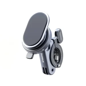 Baseus PrimeTrip stick-on bike phone mount attached to bicycle handlebar holding smartphone securely