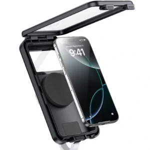 Baseus PrimeTrip VB1 RainShield waterproof phone case mounted on bicycle handlebar with touch screen display