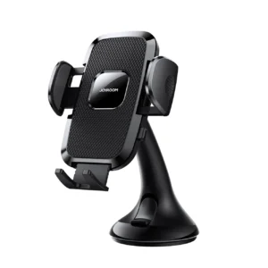 JOYROOM JR-ZS259 black mechanical long arm suction car phone holder mounted on dashboard with clamped smartphone