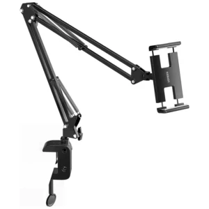 UGREEN LP142 folding long arm holder 50394 mounted on desk holding smartphone and tablet