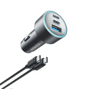 Anker 335 67W 3-port car charger featuring dual USB-C Power Delivery ports and one USB-A port in matte black.