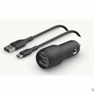 Black Belkin 24W dual USB-A car charger paired with a black USB-C cable for fast dual device charging.