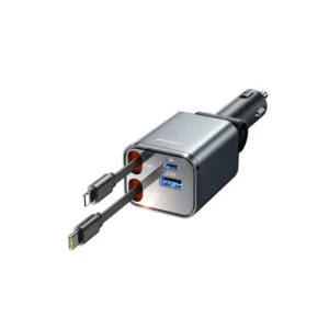 Joyroom 4-in-1 50W retractable car charger featuring dual built-in pull-out cables and dual fast-charging USB ports.
