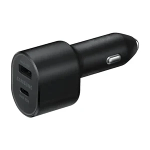 Samsung 45W and 15W dual-port car charger in black featuring Super Fast Charging 2.0 USB-C and USB-A output ports.