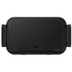 Black Samsung wireless car charger mount attached to an air vent, featuring automatic clamping arms and a Qi charging pad.