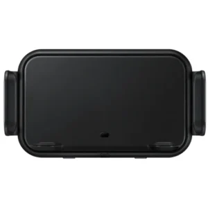 Black Samsung wireless car charger mount attached to an air vent, featuring automatic clamping arms and a Qi charging pad.