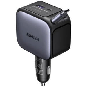UGREEN 55910 145W 3-port car charger featuring a built-in retractable Type-C cable, fast-charging USB-C port, and USB-A port.