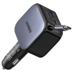UGREEN EC602 60W retractable multi car charger with built-in pull-out Type-C cable and dual fast charging ports.